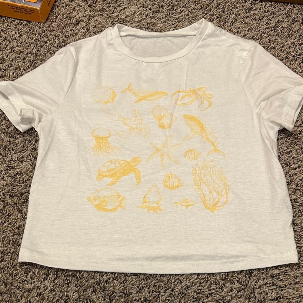 White T-Shirt with Yellow Sea Life Print